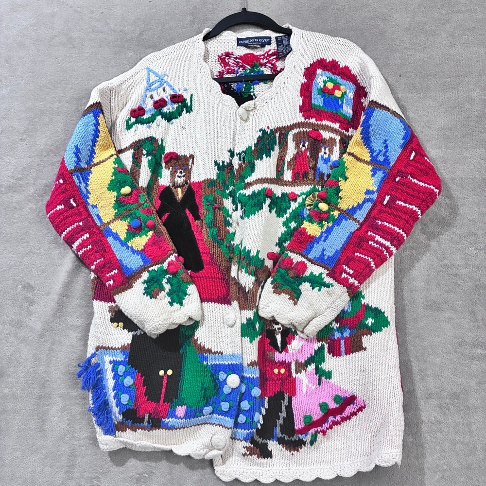 Vtg Eagles Eye Cardigan Sweater XL Christmas Holiday Bears Whimsical Novelty